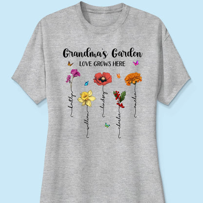 Grandma‘s Garden Love Grows Here Beautiful Birth Month Flower Mother‘s Day Gift For Grandma Mom Personalized Shirt