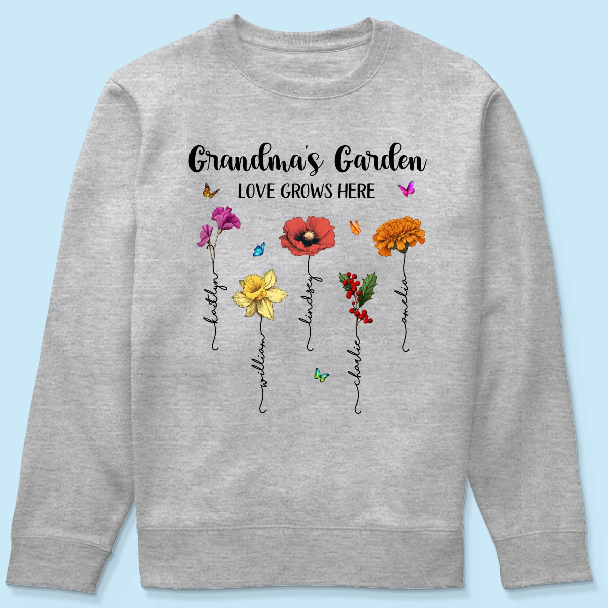 Grandma‘s Garden Love Grows Here Beautiful Birth Month Flower Mother‘s Day Gift For Grandma Mom Personalized Shirt