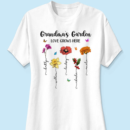 Grandma‘s Garden Love Grows Here Beautiful Birth Month Flower Mother‘s Day Gift For Grandma Mom Personalized Shirt