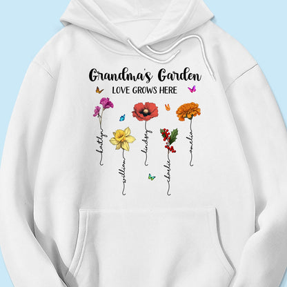 Grandma‘s Garden Love Grows Here Beautiful Birth Month Flower Mother‘s Day Gift For Grandma Mom Personalized Shirt