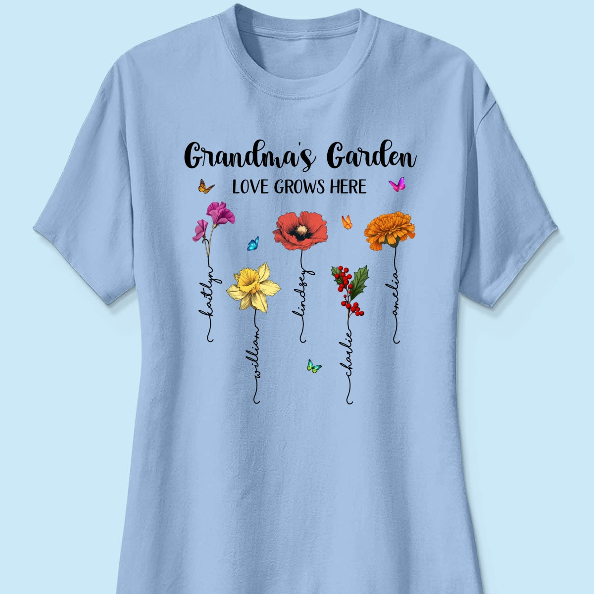 Grandma‘s Garden Love Grows Here Beautiful Birth Month Flower Mother‘s Day Gift For Grandma Mom Personalized Shirt