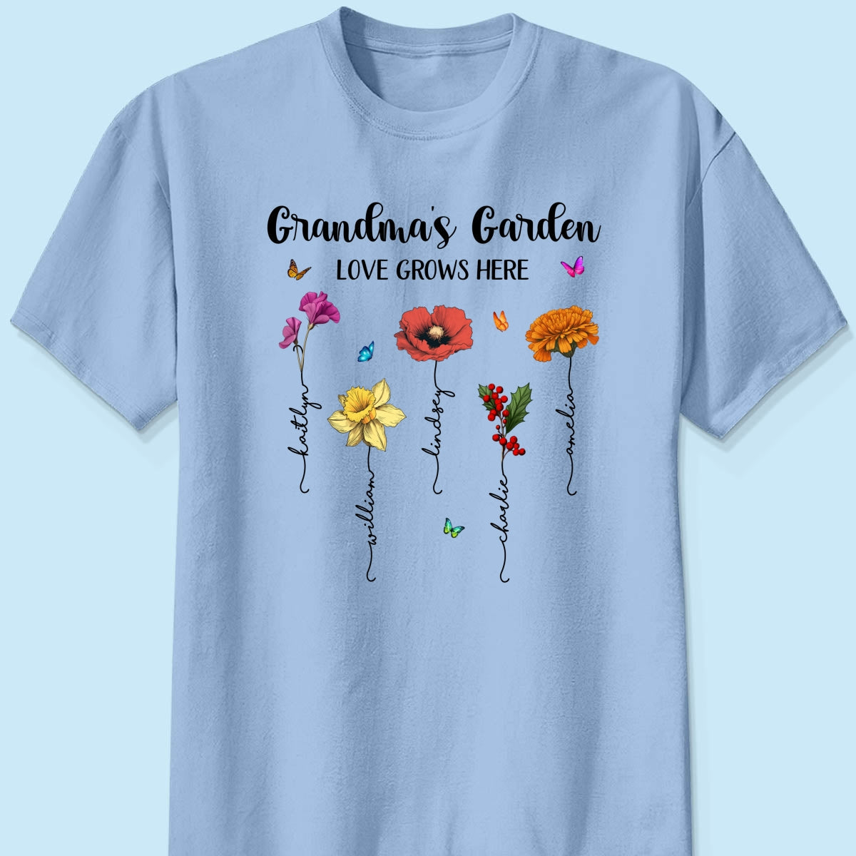 Grandma‘s Garden Love Grows Here Beautiful Birth Month Flower Mother‘s Day Gift For Grandma Mom Personalized Shirt