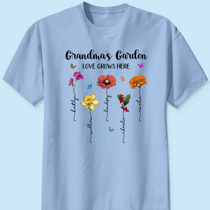 Grandma‘s Garden Love Grows Here Beautiful Birth Month Flower Mother‘s Day Gift For Grandma Mom Personalized Shirt