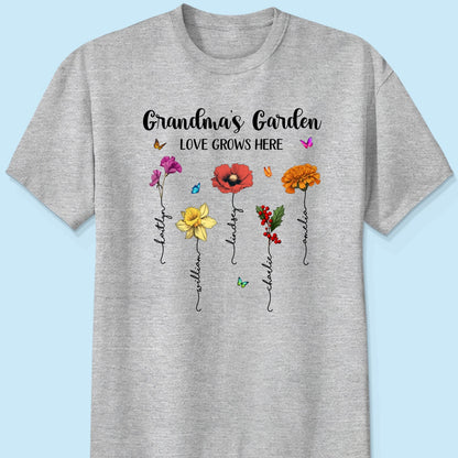 Grandma‘s Garden Love Grows Here Beautiful Birth Month Flower Mother‘s Day Gift For Grandma Mom Personalized Shirt