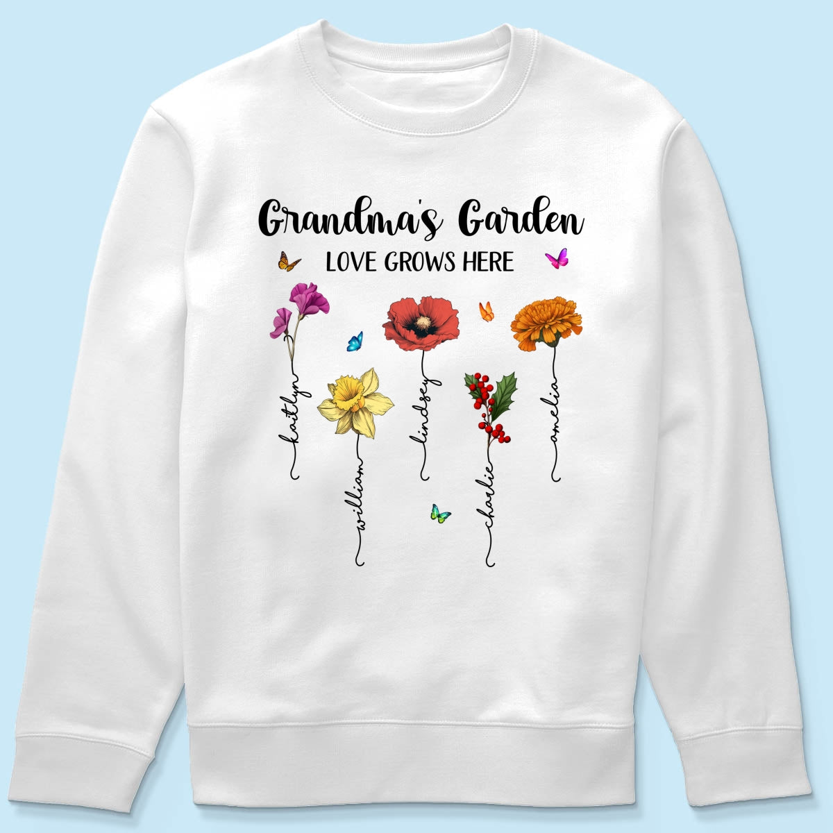 Grandma‘s Garden Love Grows Here Beautiful Birth Month Flower Mother‘s Day Gift For Grandma Mom Personalized Shirt