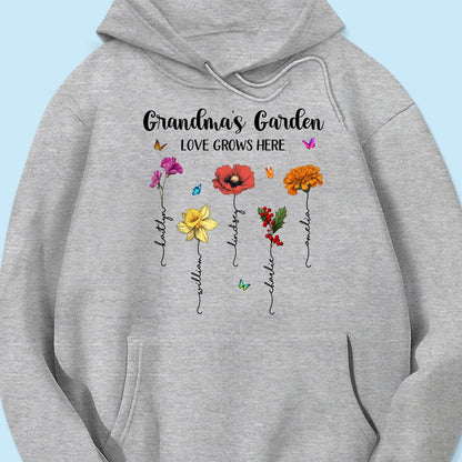 Grandma‘s Garden Love Grows Here Beautiful Birth Month Flower Mother‘s Day Gift For Grandma Mom Personalized Shirt