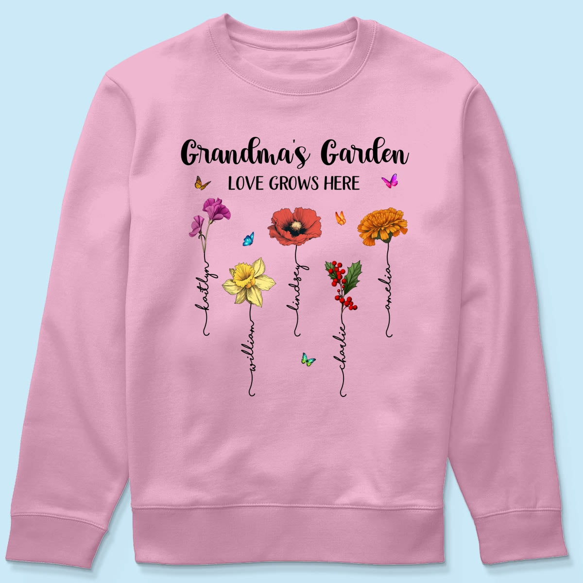 Grandma‘s Garden Love Grows Here Beautiful Birth Month Flower Mother‘s Day Gift For Grandma Mom Personalized Shirt