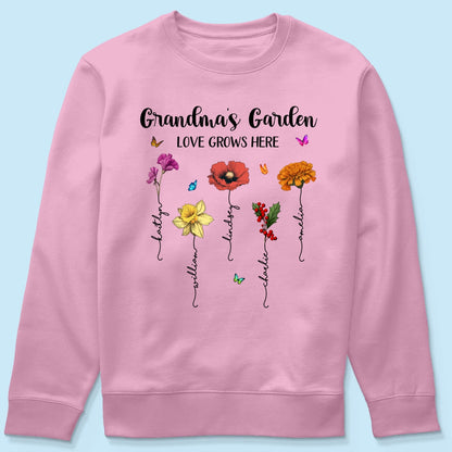 Grandma‘s Garden Love Grows Here Beautiful Birth Month Flower Mother‘s Day Gift For Grandma Mom Personalized Shirt