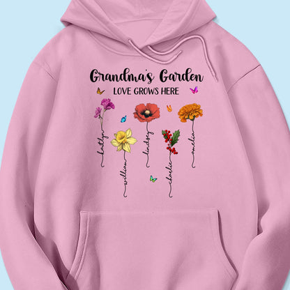 Grandma‘s Garden Love Grows Here Beautiful Birth Month Flower Mother‘s Day Gift For Grandma Mom Personalized Shirt