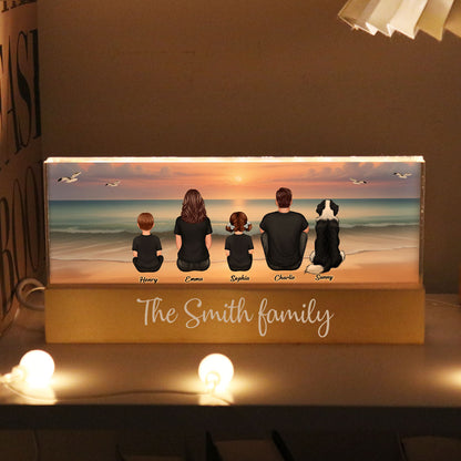 Realistic Beach Landscape Family Sitting Personalized Acrylic Block LED Night Light