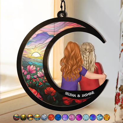 Sisters Besties Love You To The Moon - Personalized Window Hanging Suncatcher Ornament