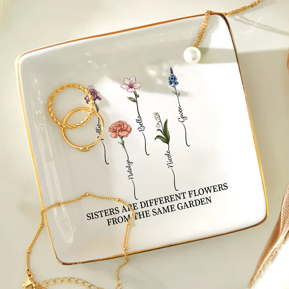Birth Flower Sisters From The Same Garden - Personalized Ring Dish