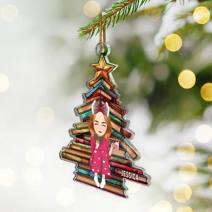 Christmas Book Tree Reading Girl Boy - Personalized Custom Shaped Acrylic Ornament