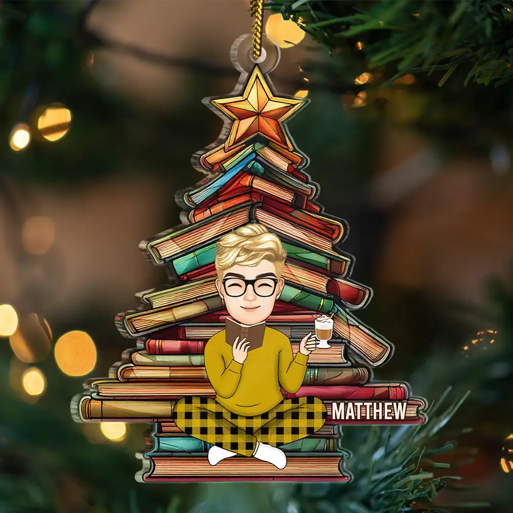 Christmas Book Tree Reading Girl Boy - Personalized Custom Shaped Acrylic Ornament