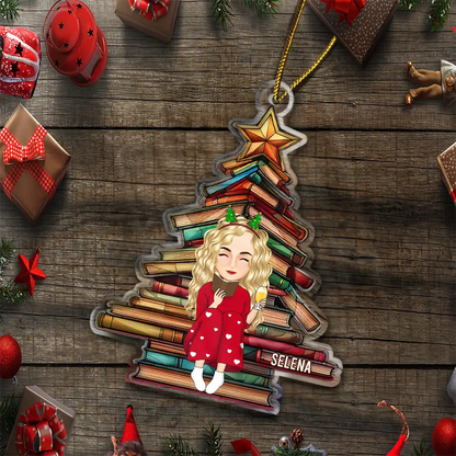 Christmas Book Tree Reading Girl Boy - Personalized Custom Shaped Acrylic Ornament