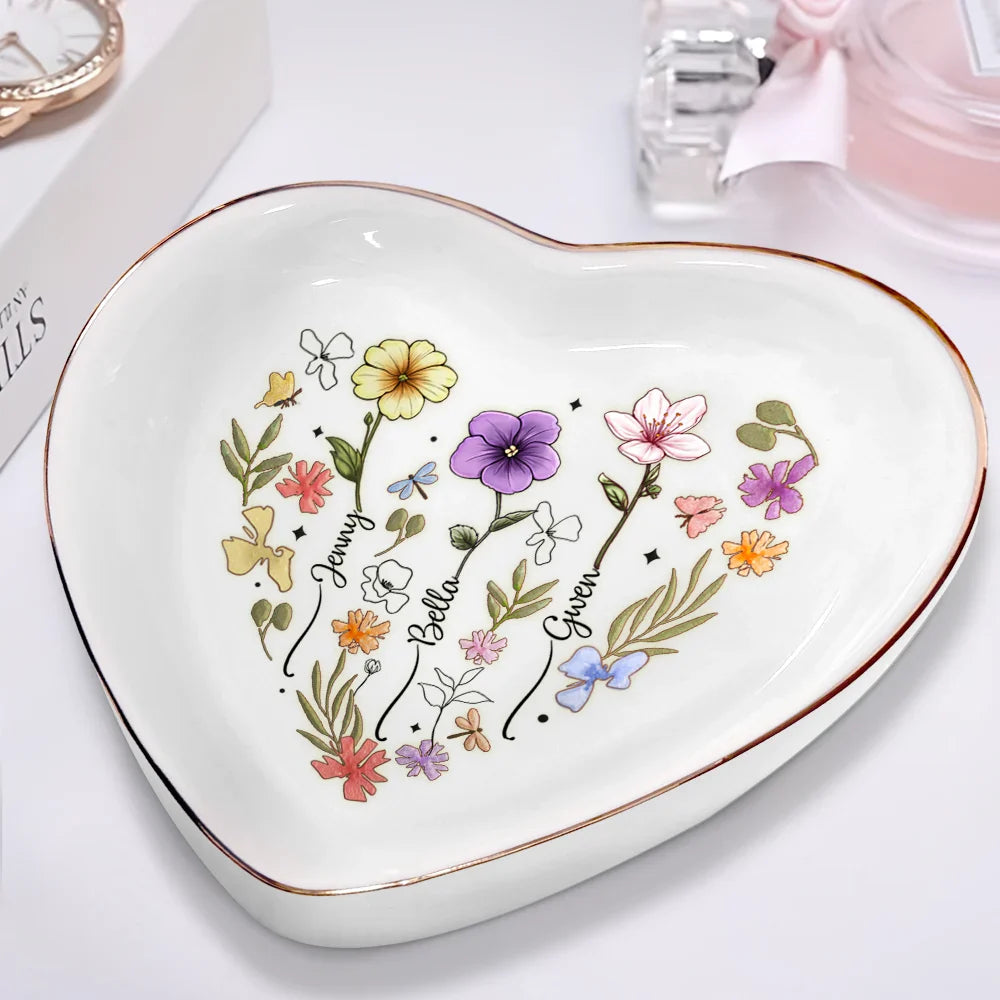 Birth Flowers In Bloom For Besties, Sisters, Mother, Grandma - Personalized Heart Ring Dish