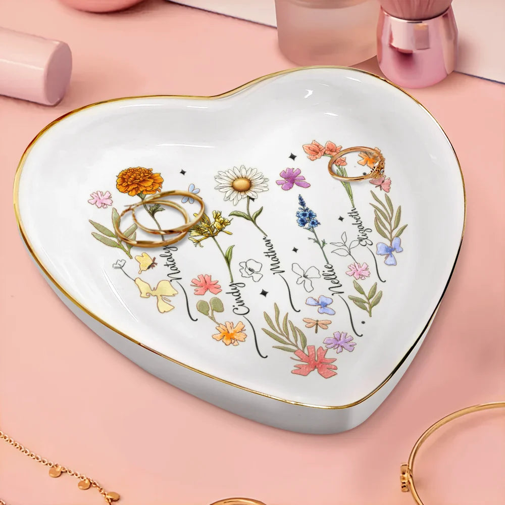 Birth Flowers In Bloom For Besties, Sisters, Mother, Grandma - Personalized Heart Ring Dish