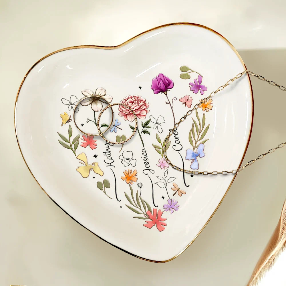 Birth Flowers In Bloom For Besties, Sisters, Mother, Grandma - Personalized Heart Ring Dish
