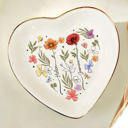 Birth Flowers In Bloom For Besties, Sisters, Mother, Grandma - Personalized Heart Ring Dish