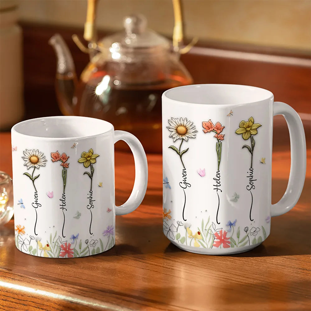 Birth Flower Sisters From The Same Garden - 3D Embossed Effect Printed Mug, Personalized White Edge-to-Edge Mug