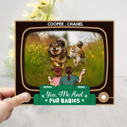 Custom Photo You, Me And The Dog Cat - Personalized Wooden Plaque With Stand