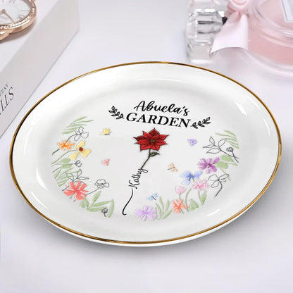 Birth Flower Grandma's Garden - 3D Embossed Effect Printed Ring Dish, Personalized Round Ring Dish