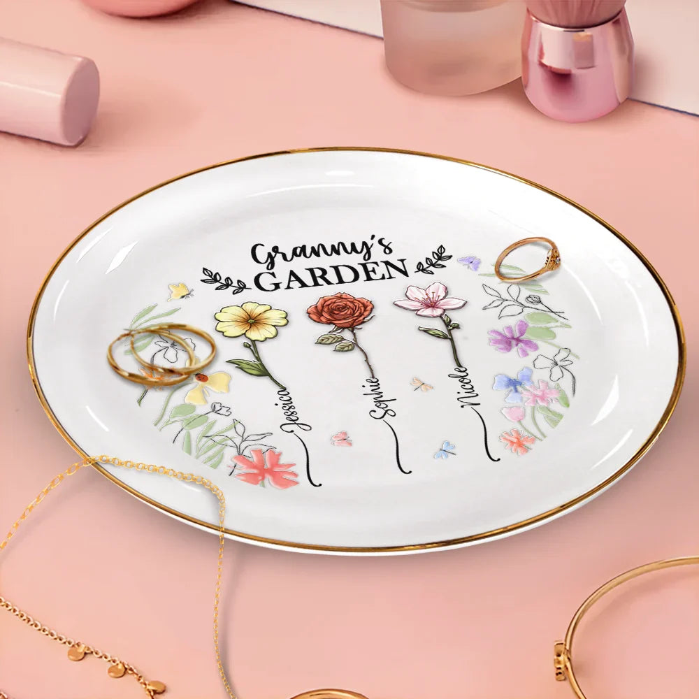 Birth Flower Grandma's Garden - 3D Embossed Effect Printed Ring Dish, Personalized Round Ring Dish