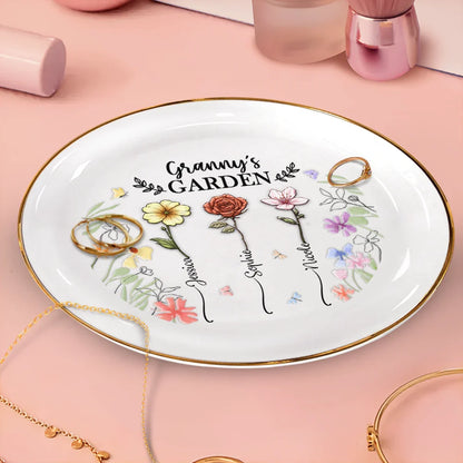 Birth Flower Grandma's Garden - 3D Embossed Effect Printed Ring Dish, Personalized Round Ring Dish