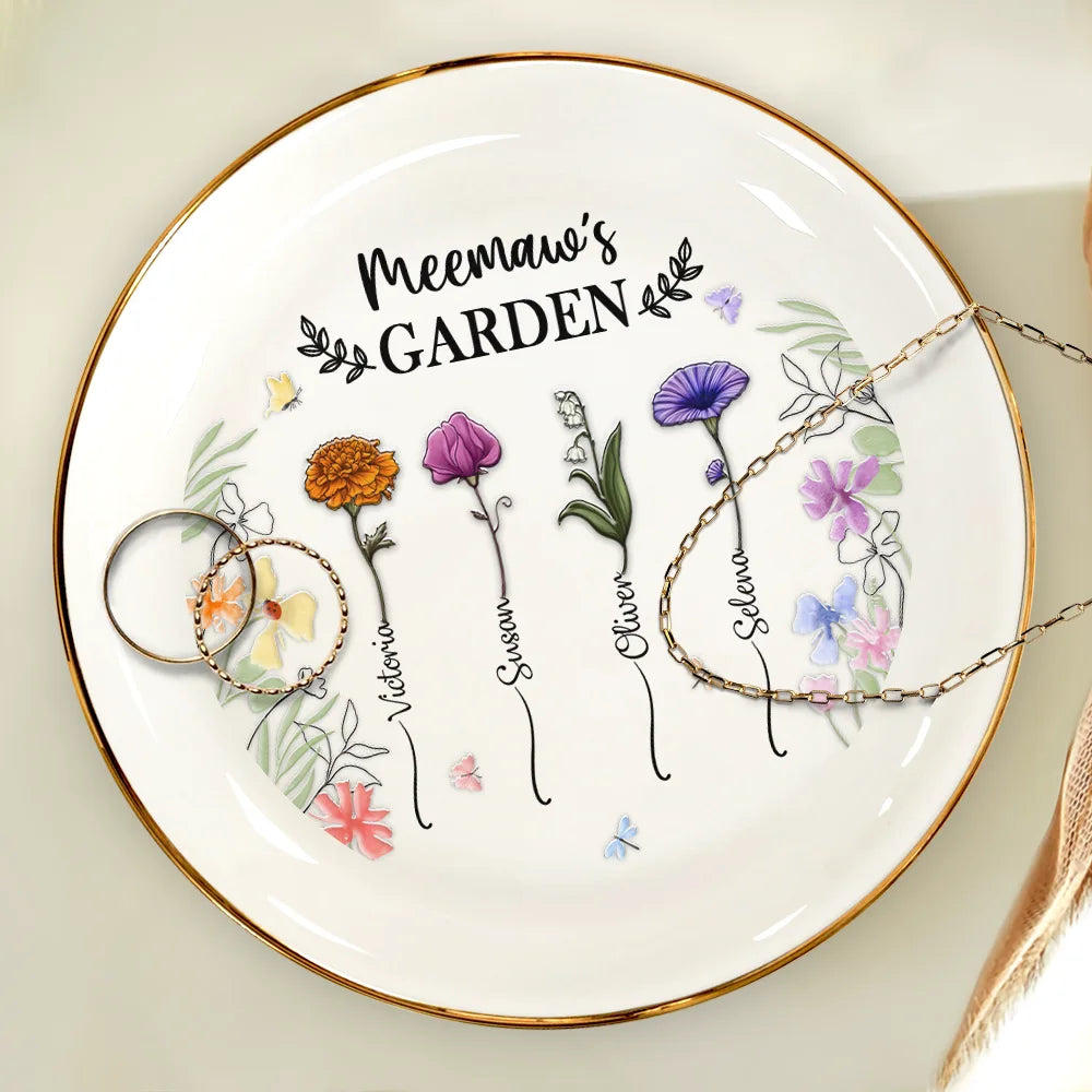Birth Flower Grandma's Garden - 3D Embossed Effect Printed Ring Dish, Personalized Round Ring Dish