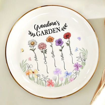 Birth Flower Grandma's Garden - 3D Embossed Effect Printed Ring Dish, Personalized Round Ring Dish