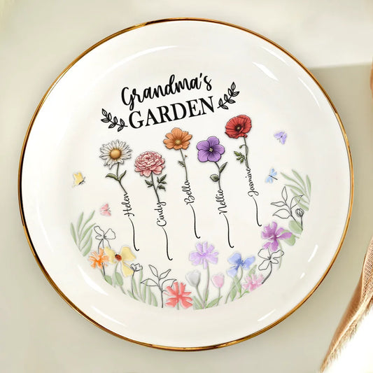 Birth Flower Grandma's Garden - 3D Embossed Effect Printed Ring Dish, Personalized Round Ring Dish