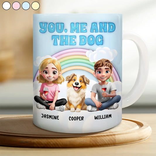 Gift For Couples,Gift For Husband,Gift For Wife,Gift For Boyfriend,Gift For Girlfriend,Dog Lovers,Pet Lovers,Dog Mom,Dog Dad,Dog Couple,Pet Mom,Pet Dad,Pet Couple - Rainbow You, Me And The Dog - 3D Inflated Effect Printed Mug, Personalized White Edge-to-Edge Mug
