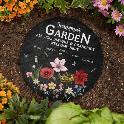 Pollinators And Grandkids Welcome Here - Personalized Circle Memorial Garden Stone