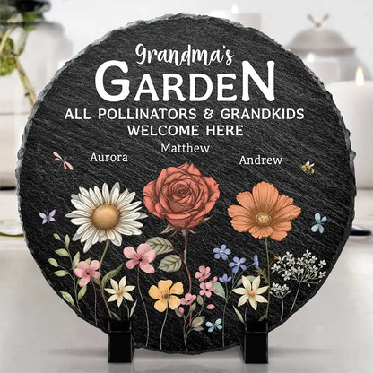 Pollinators And Grandkids Welcome Here - Personalized Circle Memorial Garden Stone