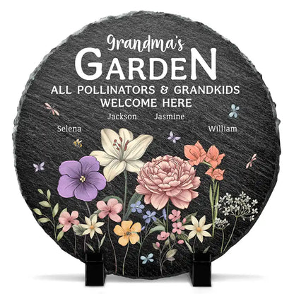 Pollinators And Grandkids Welcome Here - Personalized Circle Memorial Garden Stone