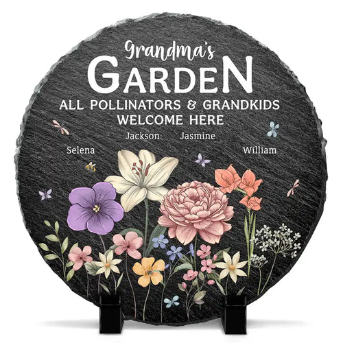Pollinators And Grandkids Welcome Here - Personalized Circle Memorial Garden Stone