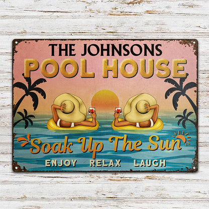 Pool House Couple Soak Up The Sun - Backyard Pool Decor - Personalized Custom Classic Metal Signs