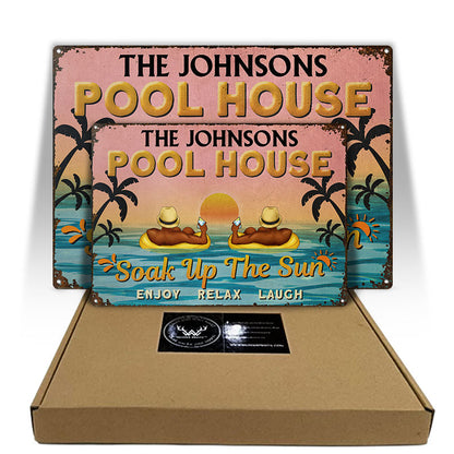Pool House Couple Soak Up The Sun - Backyard Pool Decor - Personalized Custom Classic Metal Signs