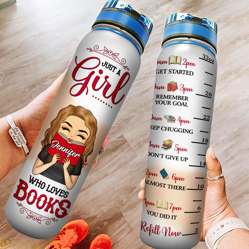 Chibi Reading Girl Who Loves Book - Gift For Reading Lover - Personalized Custom Water Tracker Bottle