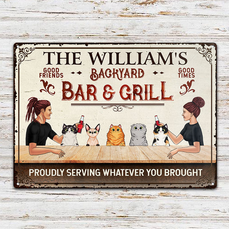 Couple Backyard Bar & Grill Proudly Serving - Gift For Cat Lovers - Personalized Custom Classic Metal Signs