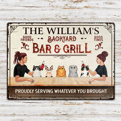 Couple Backyard Bar & Grill Proudly Serving - Gift For Cat Lovers - Personalized Custom Classic Metal Signs