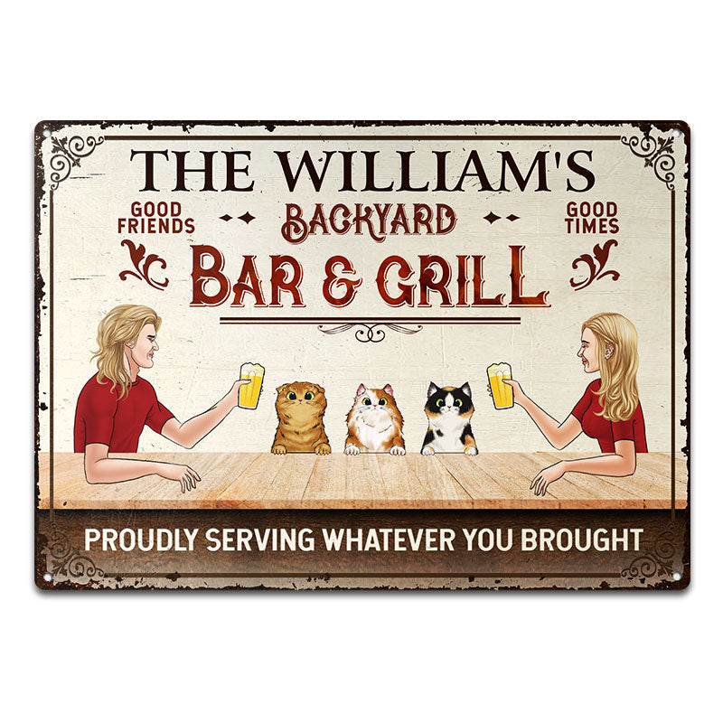 Couple Backyard Bar & Grill Proudly Serving - Gift For Cat Lovers - Personalized Custom Classic Metal Signs