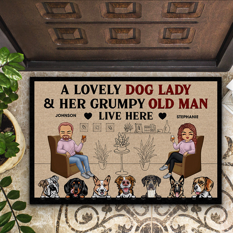 Family Couple A Lovely Dog Lady & Her Grumpy Old Man - Gift For Couple - Personalized Custom Doormat