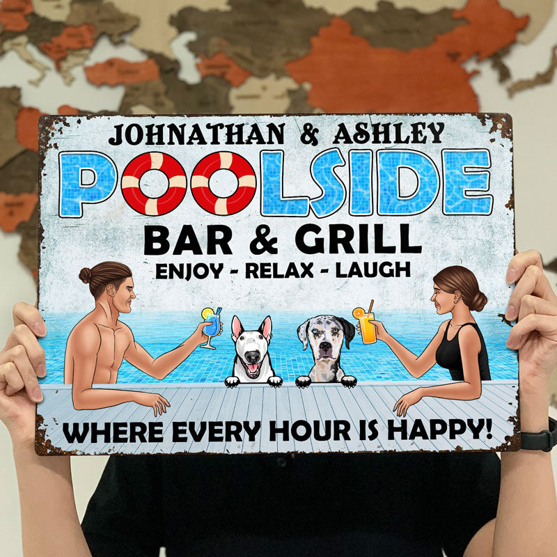 Dog Lover Poolside Bar & Grill Where Every Hour Is Happy - Gift For Couple - Personalized Custom Classic Metal Signs