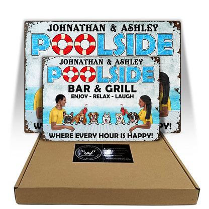 Dog Lover Poolside Bar & Grill Where Every Hour Is Happy - Gift For Couple - Personalized Custom Classic Metal Signs