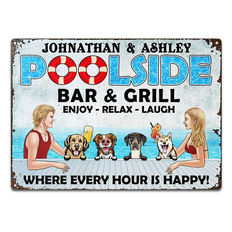 Dog Lover Poolside Bar & Grill Where Every Hour Is Happy - Gift For Couple - Personalized Custom Classic Metal Signs