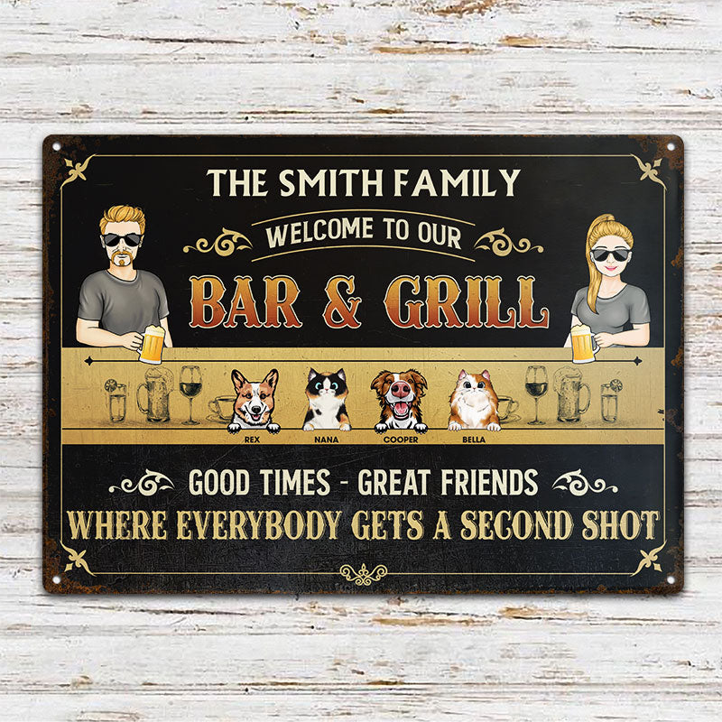 Bar & Grill Where Everybody Gets A Second Shot Couple Husband Wife - Backyard Sign - Personalized Custom Classic Metal Signs