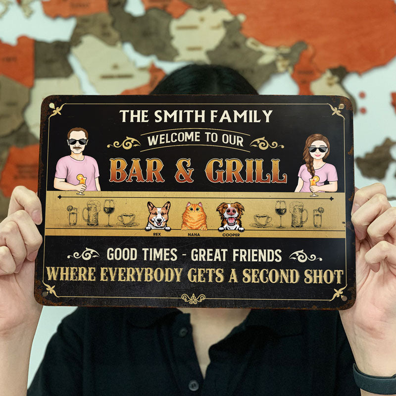 Bar & Grill Where Everybody Gets A Second Shot Couple Husband Wife - Backyard Sign - Personalized Custom Classic Metal Signs