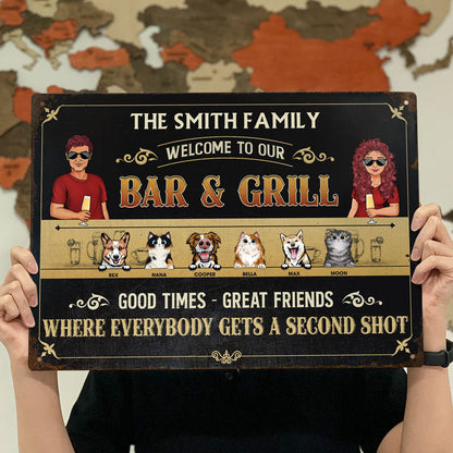 Bar & Grill Where Everybody Gets A Second Shot Couple Husband Wife - Backyard Sign - Personalized Custom Classic Metal Signs