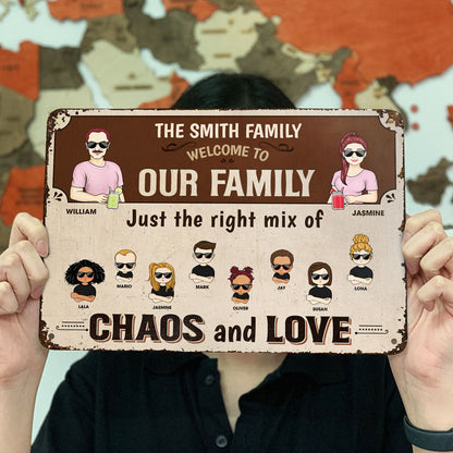 Family Just The Right Mix Of Chaos And Love Couple - Backyard Sign - Personalized Custom Classic Metal Signs